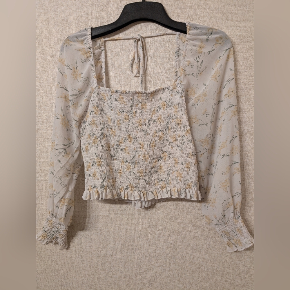 Lucy Paris White and Yellow Smocked Ruffled Blouse
